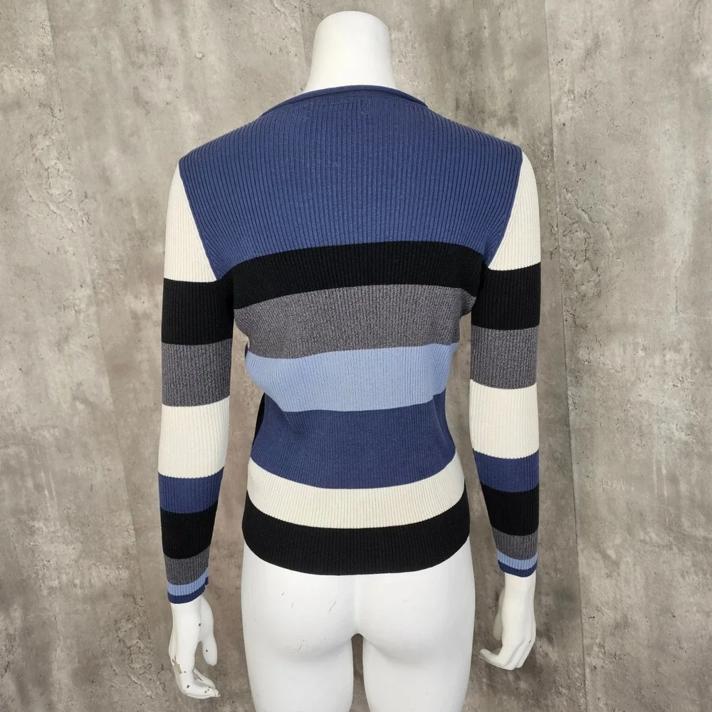 Carolyn Taylor Essentials Colorblock Ribbed Knit Sweater Blue Gray Black Cream S - Picture 3 of 5
